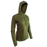 side view of women's olive colored technical quarter-zip mid layer