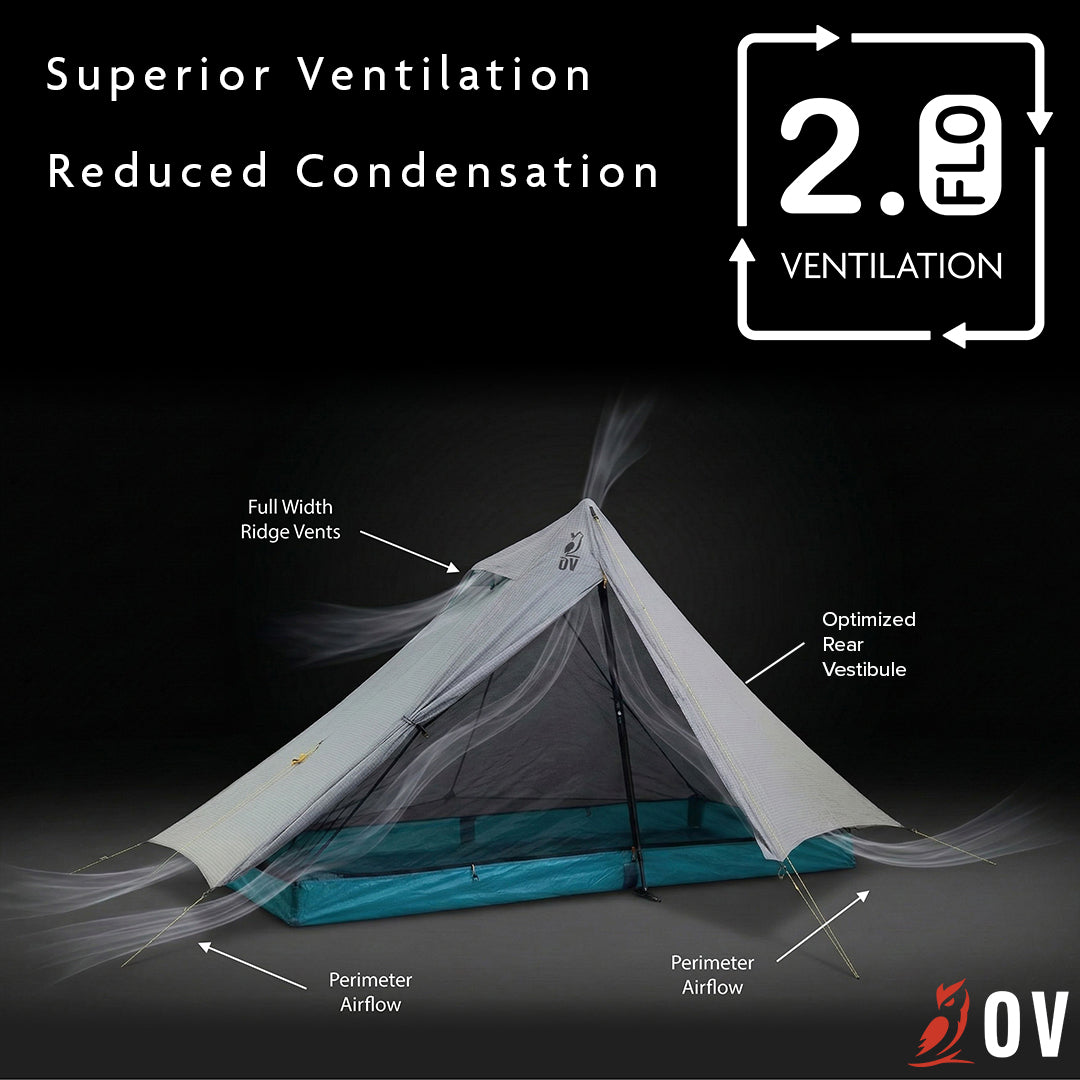Trekking pole tent with ventilation system diagram on a black background