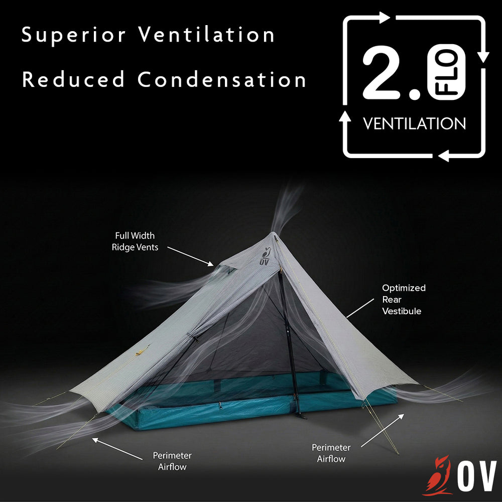 Trekking pole tent with ventilation system diagram on a black background