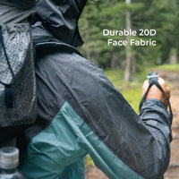 Close-up of a person outdoors wearing a waterproof jacket with water droplets on the fabric. The background is a blurred forest path, and white text reads 'Durable 20D Face Fabric.