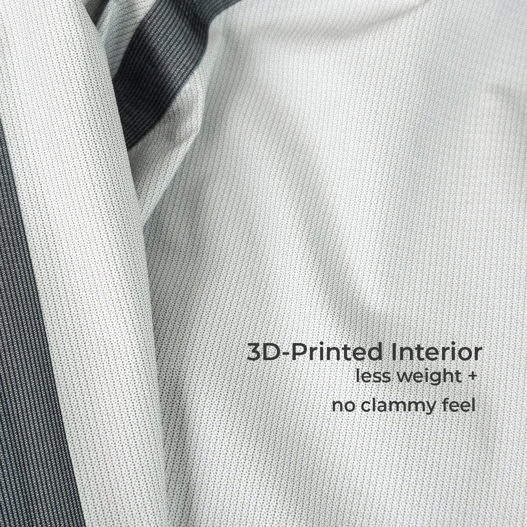 Close-up of a textured fabric garment and text reading '3D-Printed Interior less weight + no clammy feel'.