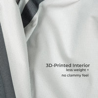 Close-up of a textured fabric garment and text reading '3D-Printed Interior less weight + no clammy feel'.