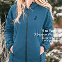 A woman wearing a teal blue lightweight zip-up jacket outdoors, with text overlay on the right reading '9 oz Weight 3 Season Warmth packs to the size of a grapefruit'.