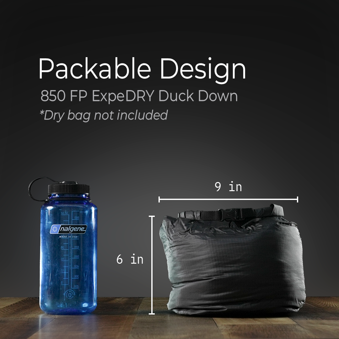 close view showing Anorak compressed inside a dry bag next to a water bottle for size reference. Dry bag or stuff sack not included with the Resolve Down Anorak.