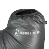 Ultralight down camp booties with elastic ankle cuff and Outdoor Vitals logo close-up