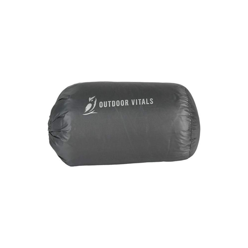 Compact stuff sack with ultralight down booties packed inside for backpacking