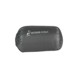 Compact stuff sack with ultralight down booties packed inside for backpacking