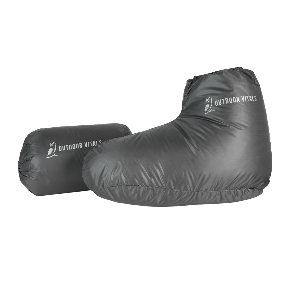 Ultralight down camp booties with included stuff sack for backpacking insulation