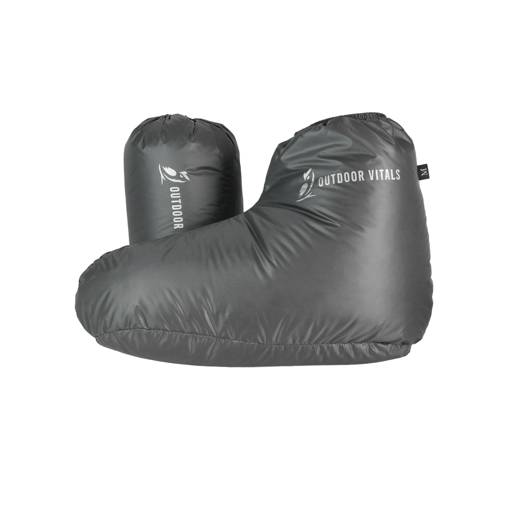 Lightweight down booties and compression stuff sack for camping and backpacking