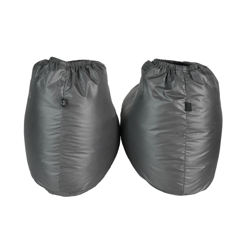 Pair of ultralight down booties rear view showing heel shape and insulation loft