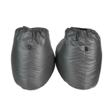 Pair of ultralight down booties rear view showing heel shape and insulation loft