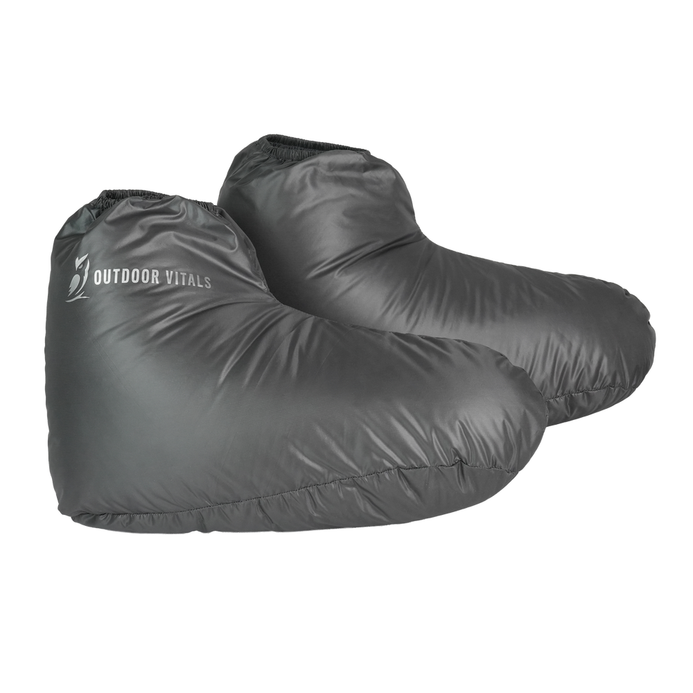 Side view of insulated down booties for camping, backpacking, and cold weather use