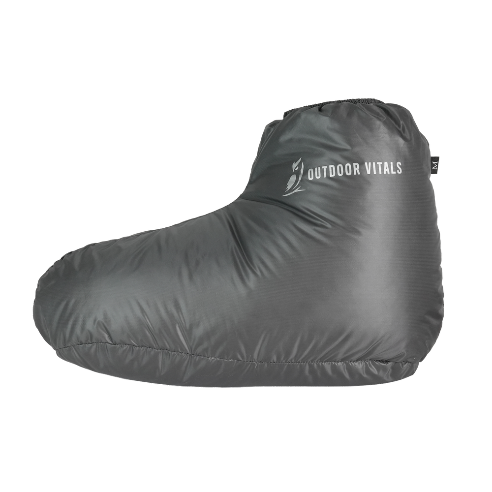 Single ultralight down bootie for backpacking camp comfort and warmth