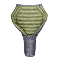 A green and gray StormLoft Down TopQuilt, designed for use as a sleeping pad top quilt to insulate against cold drafts.
