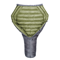 A green and gray StormLoft Down TopQuilt, designed for use as a sleeping pad top quilt to insulate against cold drafts.