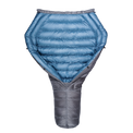 A blue and gray StormLoft Down TopQuilt, designed for use as a backpacking top quilt to insulate against cold drafts.