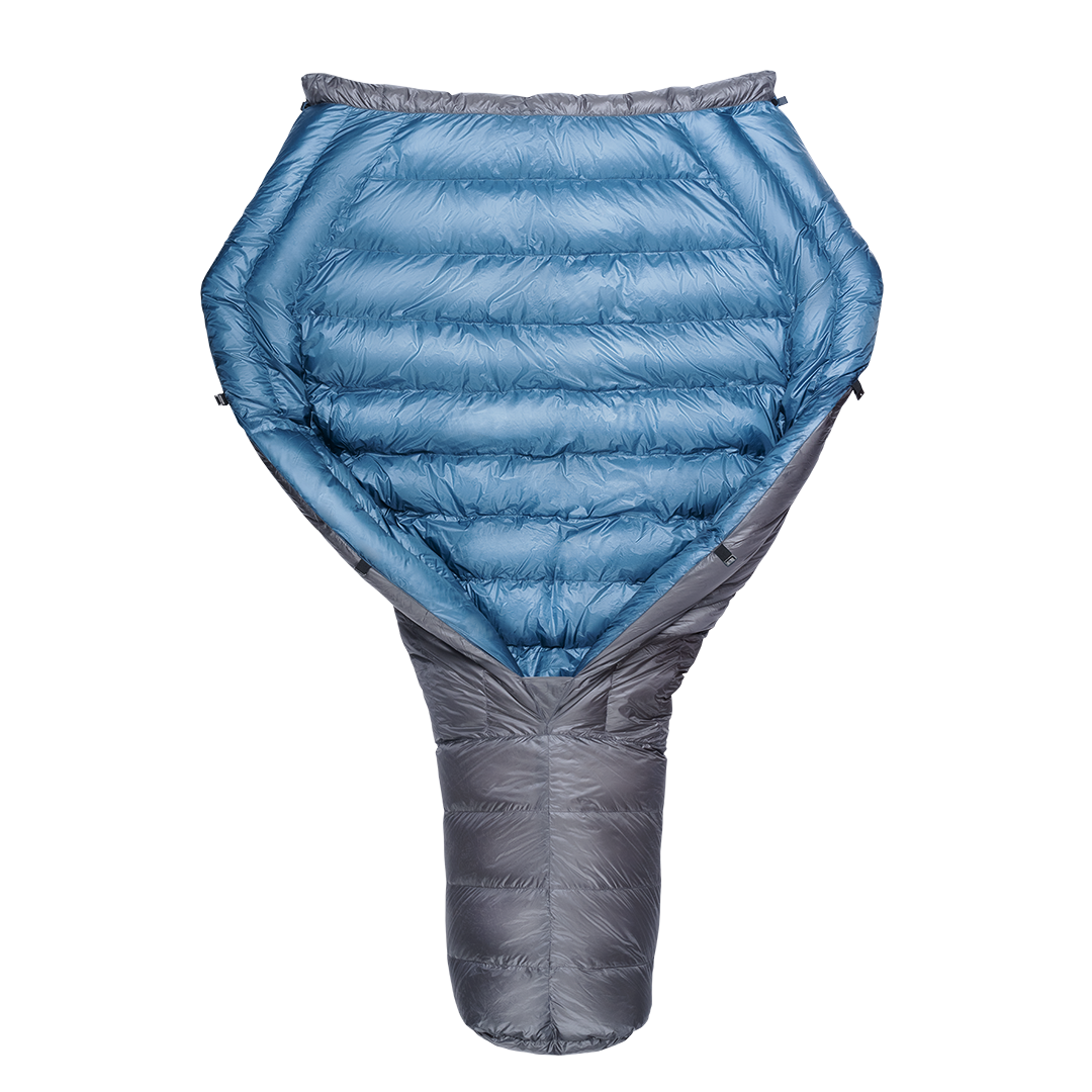 A blue and gray StormLoft Down TopQuilt, designed for use as a backpacking top quilt to insulate against cold drafts.
