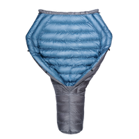 A blue and gray StormLoft Down TopQuilt, designed for use as a backpacking top quilt to insulate against cold drafts.