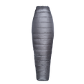 Top view of a gray backpacking quilt fully closed in a tapered, mummy-style shape with horizontal baffles.