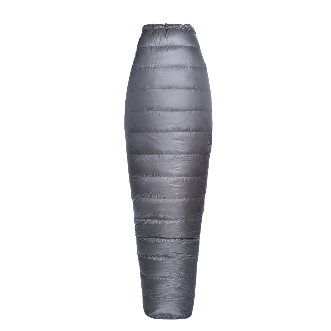 Top view of a gray backpacking quilt fully closed in a tapered, mummy-style shape with horizontal baffles.
