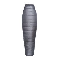 Top view of a gray backpacking quilt fully closed in a tapered, mummy-style shape with horizontal baffles.