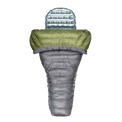 Top-down view of a gray and green backpacking quilt partially open, shown with a silvery inflatable sleeping pad inside.