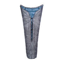 Full view of the blue Outdoor Vitals StormLoft Down TopQuilt shown from the back, displaying its open-back design, pad attachment points, and tapered footbox.