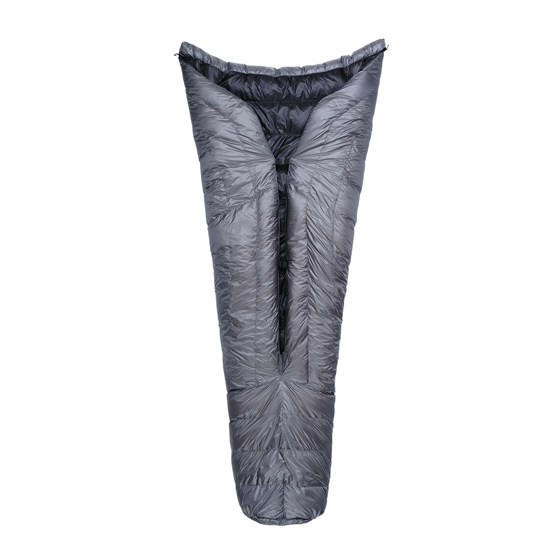 Full view of the black Outdoor Vitals StormLoft Down TopQuilt shown from the back, displaying its open-back design, pad attachment points, and tapered footbox.