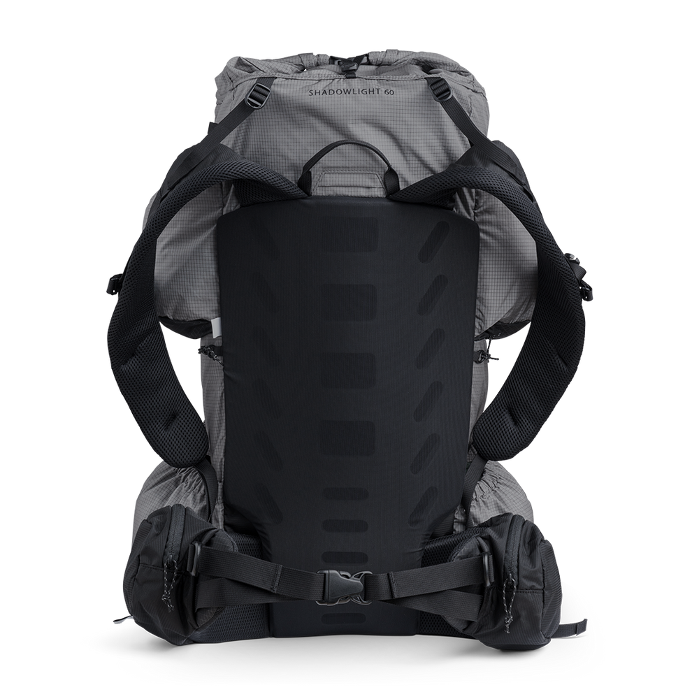 Rear view of the Shadowlight 60 ultralight backpack highlighting the ventilated back panel, shoulder straps, and padded hip belt.