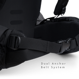 Close-up of the Shadowlight 60 backpack hip belt buckle and strap cinch system for adjusting fit and load distribution.