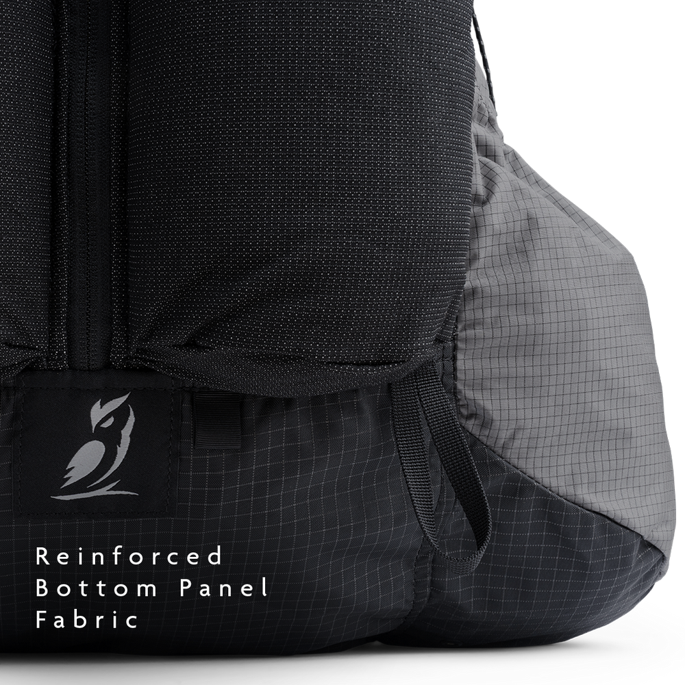 Close-up of the Shadowlight 60 backpack’s bottom panel, showing durable reinforced fabric with Outdoor Vitals logo.