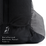 Close-up of the Shadowlight 60 backpack’s bottom panel, showing durable reinforced fabric with Outdoor Vitals logo.