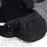 Close-up of the Shadowlight 60 backpack’s hip belt pocket with zipper closure for easy-access storage on the trail.