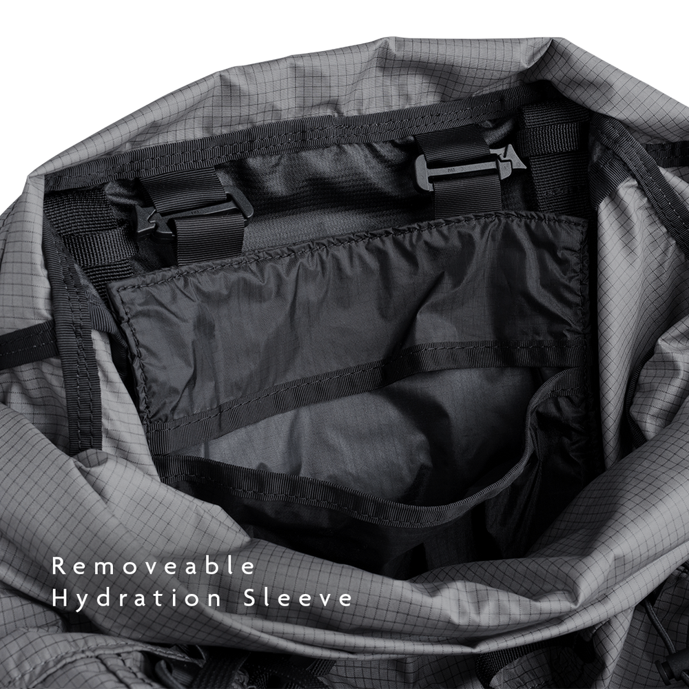 Interior view of the Shadowlight 60 backpack showing hydration bladder sleeve and clip for hydration system compatibility.