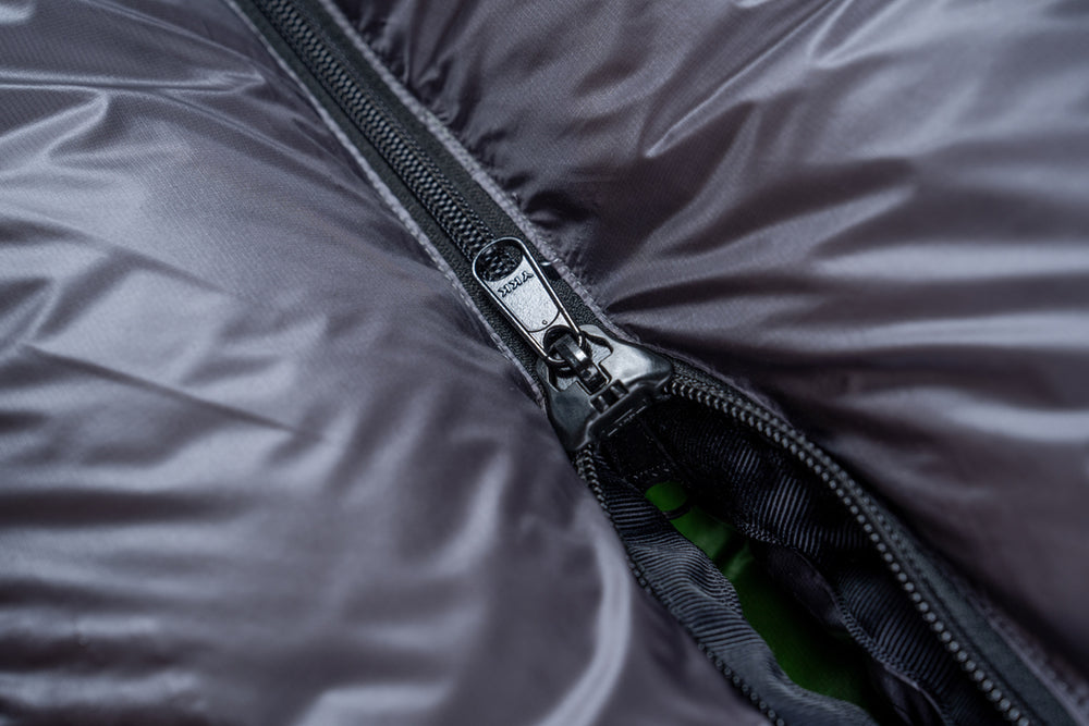 close view of YKK zipper on ultralight sleeping bag