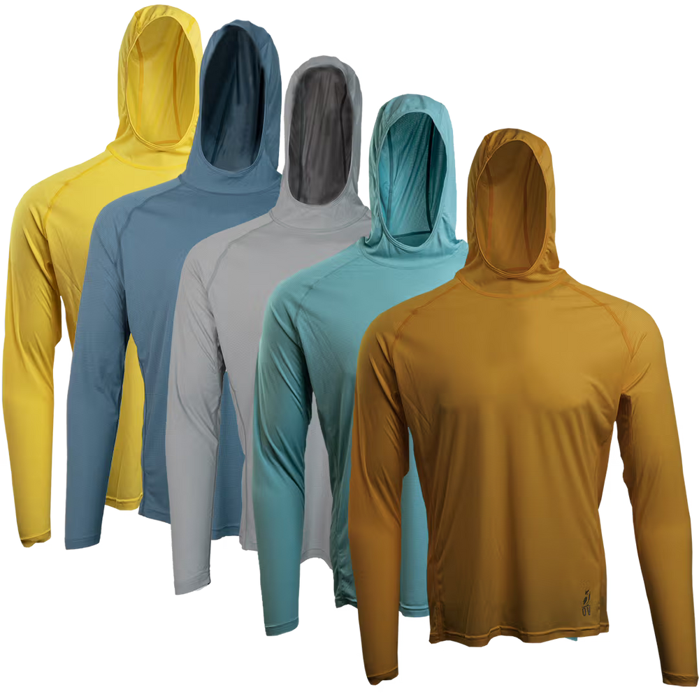 Set of five sun hoodies in yellow, blue, gray, green, and brown on a transparent background.