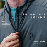 close up showing a person wearing a mid layer over sun shirt to demonstrate use as a base layer