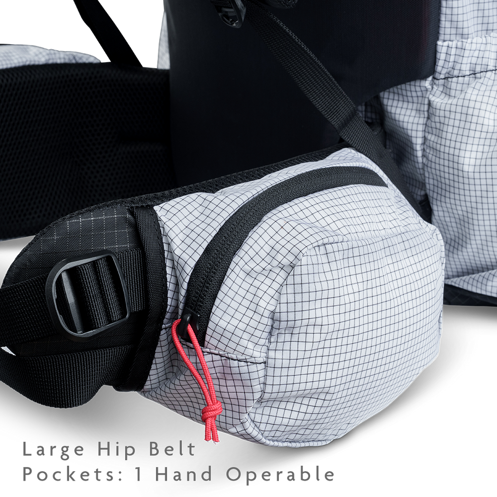 Close-up of large hip belt pocket on backpack designed for one-handed access.