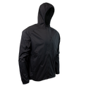 45 degree front right side view of black colored windbreaker jacket for backpacking
