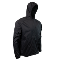 45 degree front right side view of black colored windbreaker jacket for backpacking