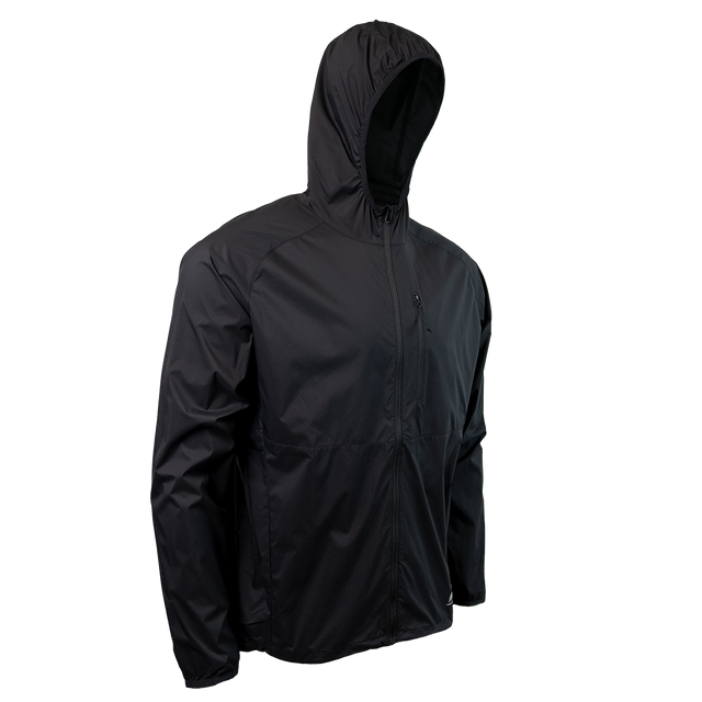 45 degree front right side view of black colored windbreaker jacket for backpacking