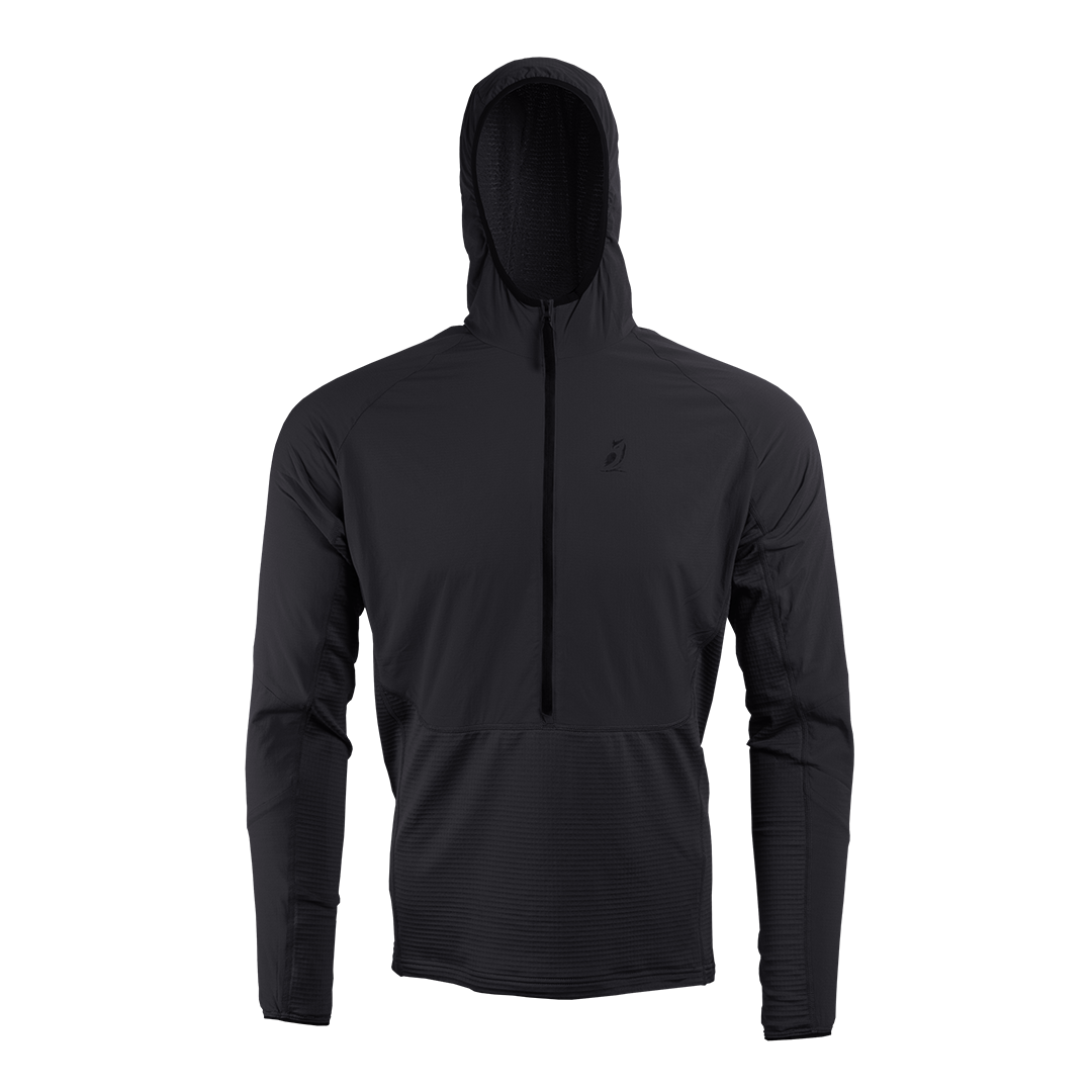 front view of men's black fleece mid layer hoodie for hiking & backpacking