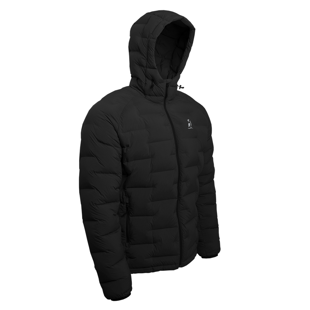 Outdoor Vitals Vantage Alpine Down Jacket in black – angled front view with hood, ultralight insulated puffer for backpacking and alpine adventures