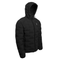 Outdoor Vitals Vantage Alpine Down Jacket in black – angled front view with hood, ultralight insulated puffer for backpacking and alpine adventures