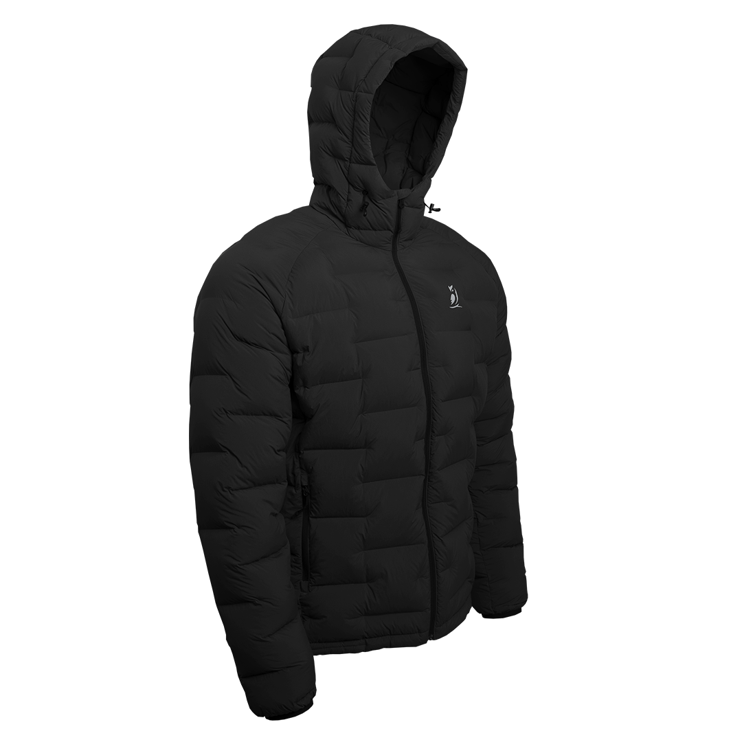 Outdoor Vitals Vantage Alpine Down Jacket in black – angled front view with hood, ultralight insulated puffer for backpacking and alpine adventures