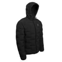 Outdoor Vitals Vantage Alpine Down Jacket in black – angled front view with hood, ultralight insulated puffer for backpacking and alpine adventures