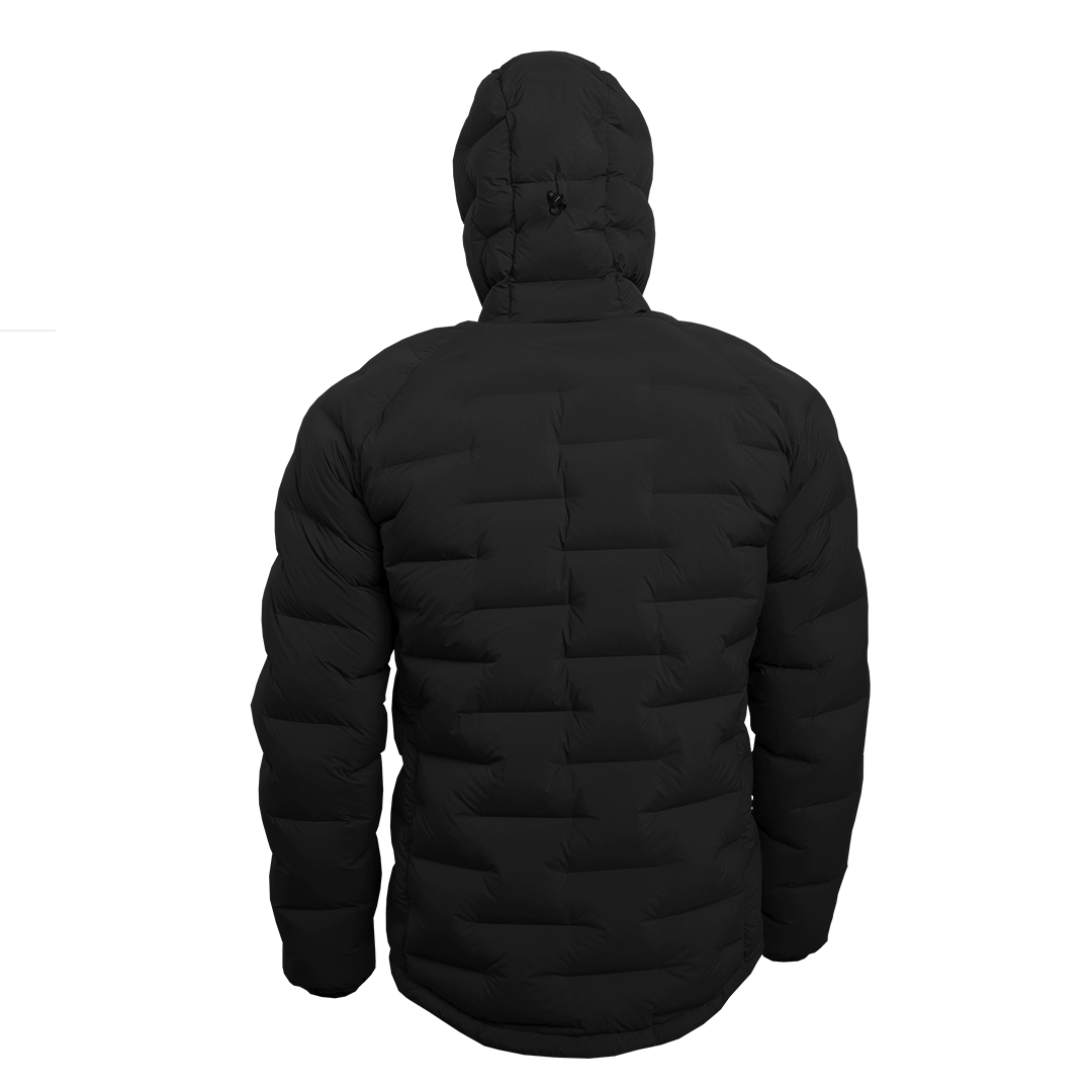 Outdoor Vitals Vantage Alpine Down Jacket in black – full back view showing hood and zero stitch baffle design