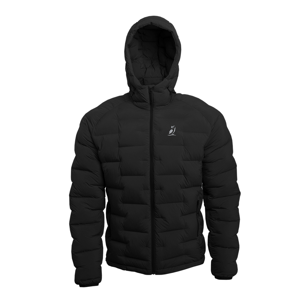 Outdoor Vitals Vantage Alpine Down Jacket in black – front view with hood up, ultralight 850 fill down insulation