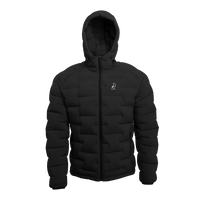 Outdoor Vitals Vantage Alpine Down Jacket in black – front view with hood up, ultralight 850 fill down insulation
