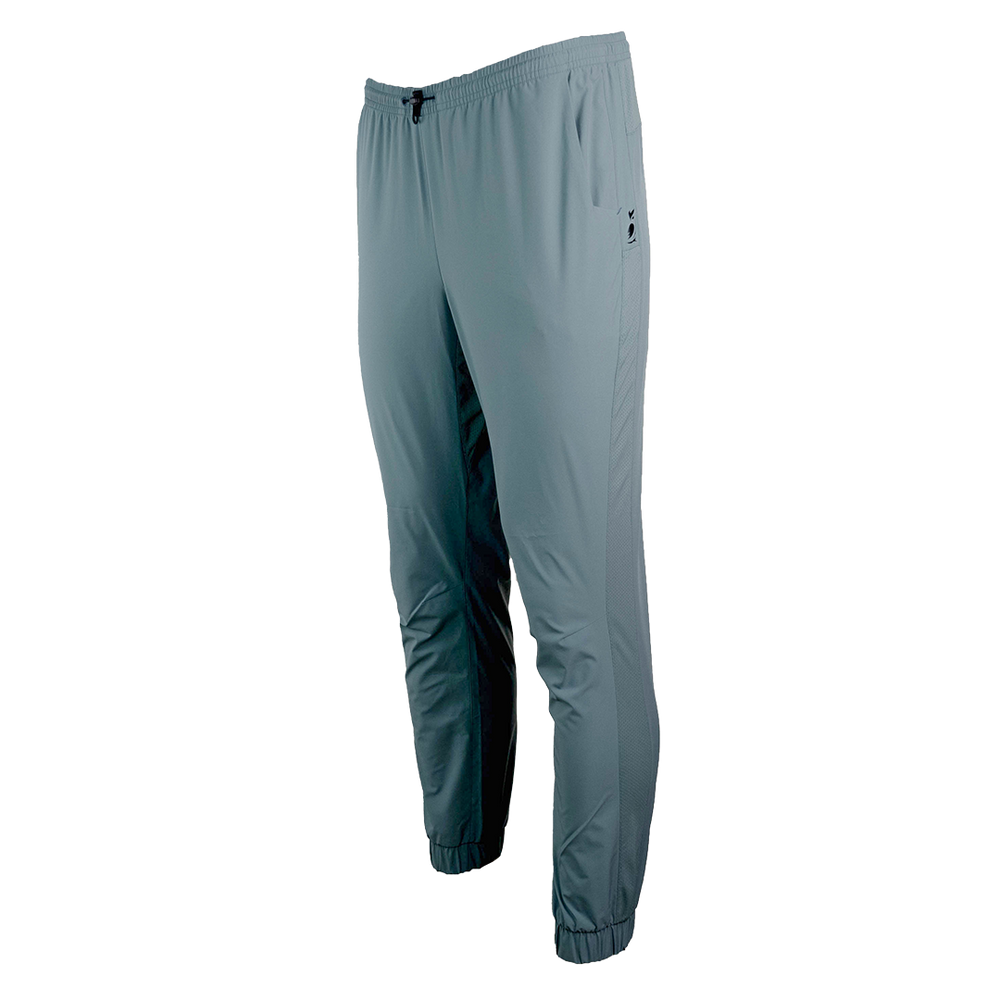 front view of men's blue jogger pants with adjustable cinch cord on the waist